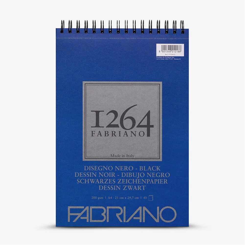 Fabriano 1264 ZWART Tekenblok met spiraal 40vel 200gram - A4 formaat